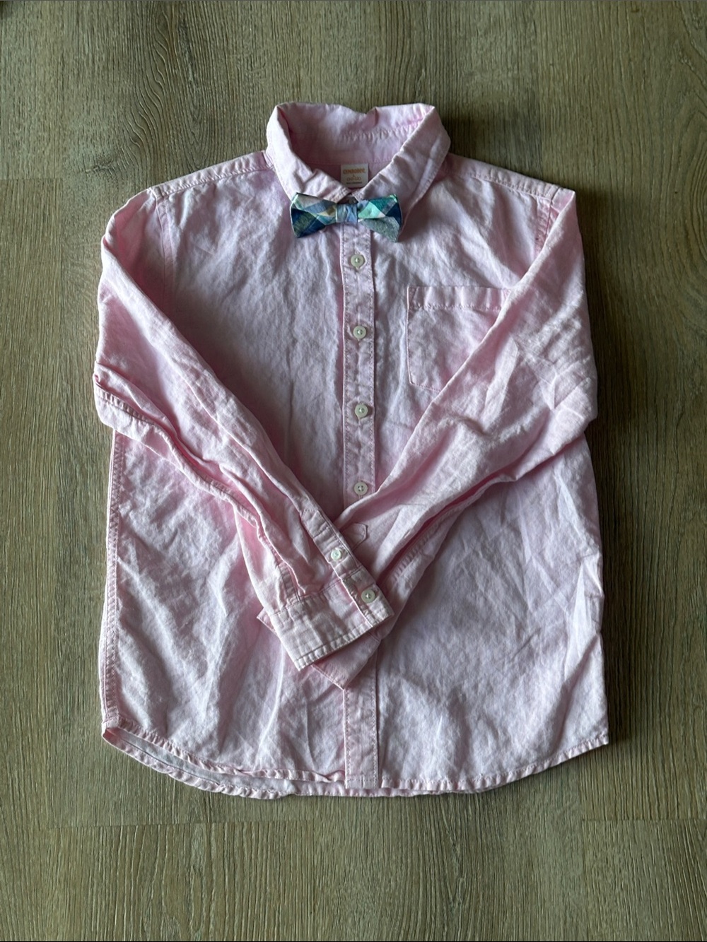Boys Light Pink Button-Down Shirt with Plaid Bow Tie